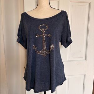 Bedazzled Navy Short Sleeve Top with Anchor Design